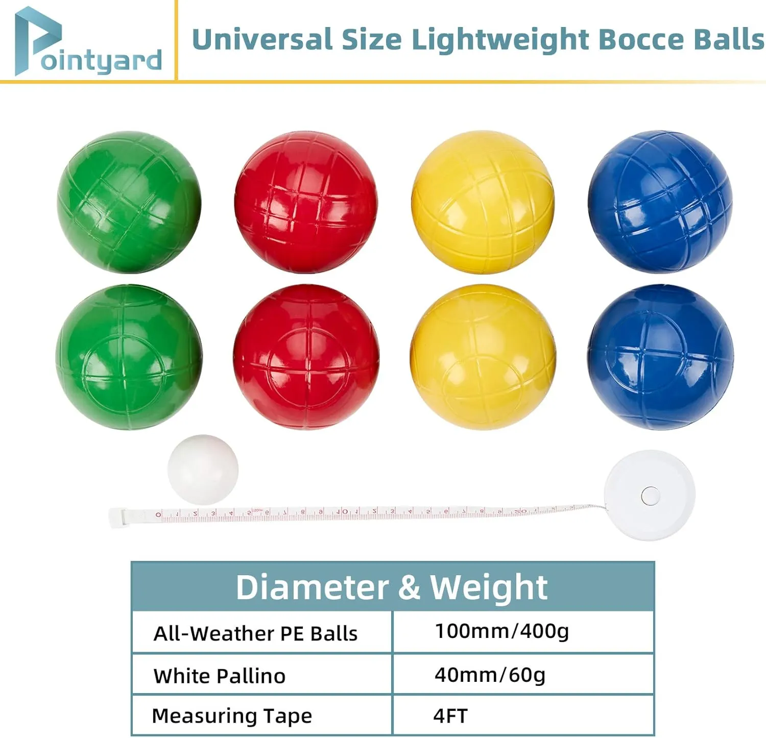 100mm Bocce Ball Set, Regulation Bocci Ball Set with 8 PE Bocce Balls/1 Pallino/Carrying Bag/Measuring Tape - Outdoor Family Bocce Game for Backyard/Lawn/Beach (Red,Blue,Green,Yellow)