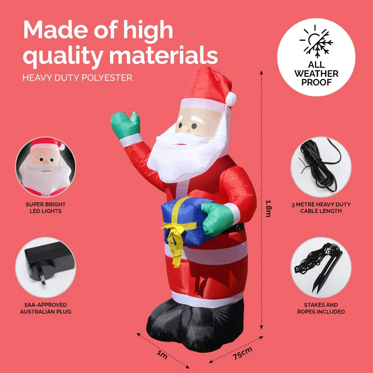1.8m Self Inflatable LED Waving Santa & Gift Box