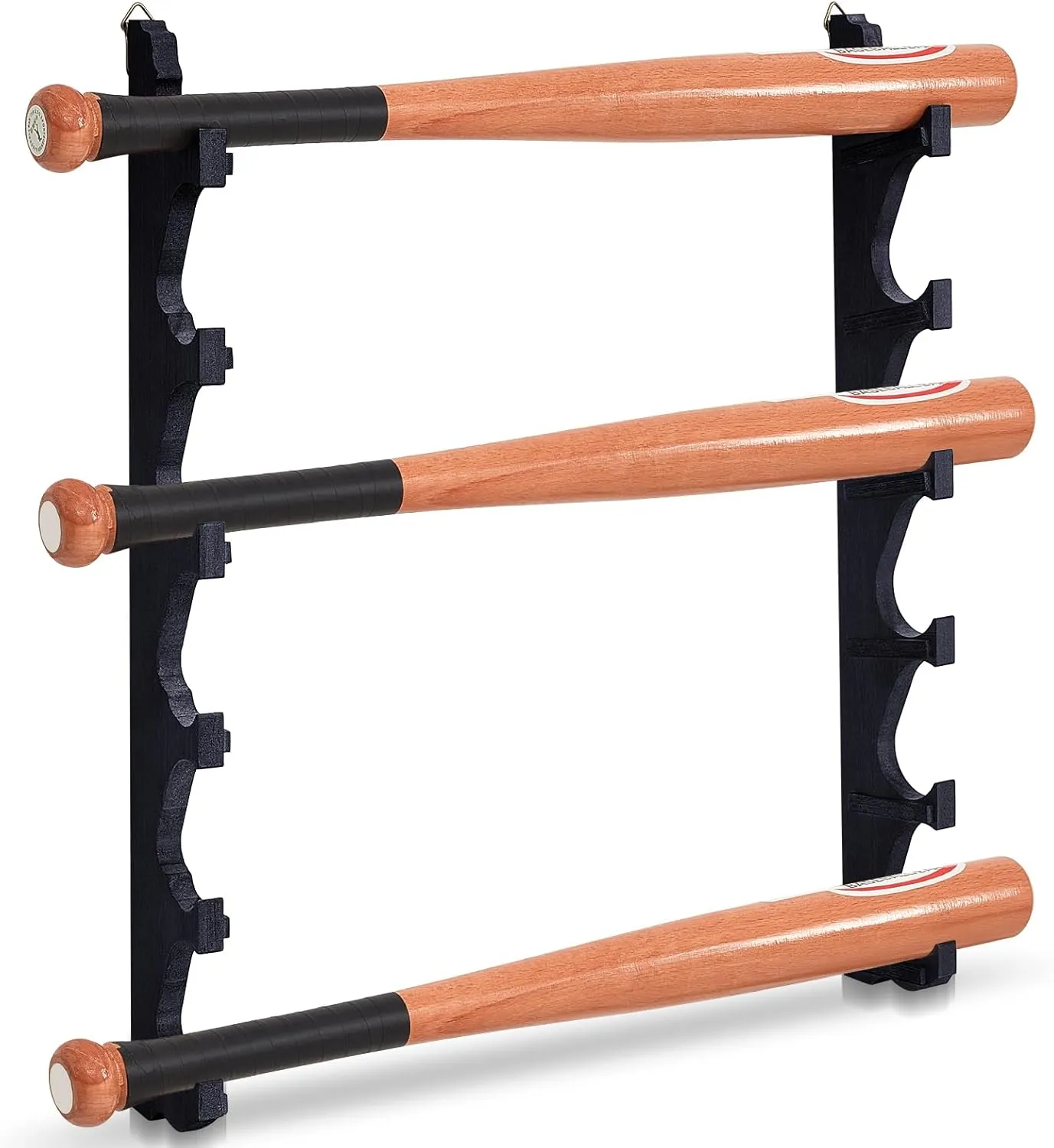 2 Pcs Baseball Bat Wall Mount Display Wood Bat Rack with 6 Holders Horizontal Baseball Bat Holder with Hidden Holes Screws Anchor for Hockey Stick Memorabilia Collectible Hanger (Black)