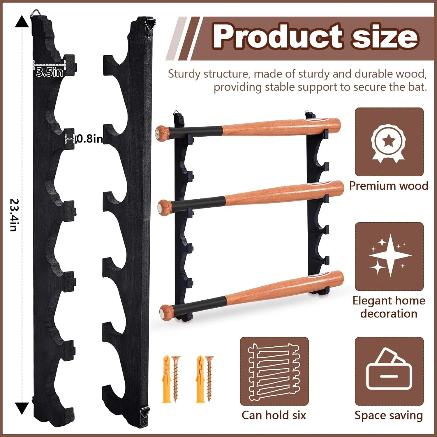 2 Pcs Baseball Bat Wall Mount Display Wood Bat Rack with 6 Holders Horizontal Baseball Bat Holder with Hidden Holes Screws Anchor for Hockey Stick Memorabilia Collectible Hanger (Black)
