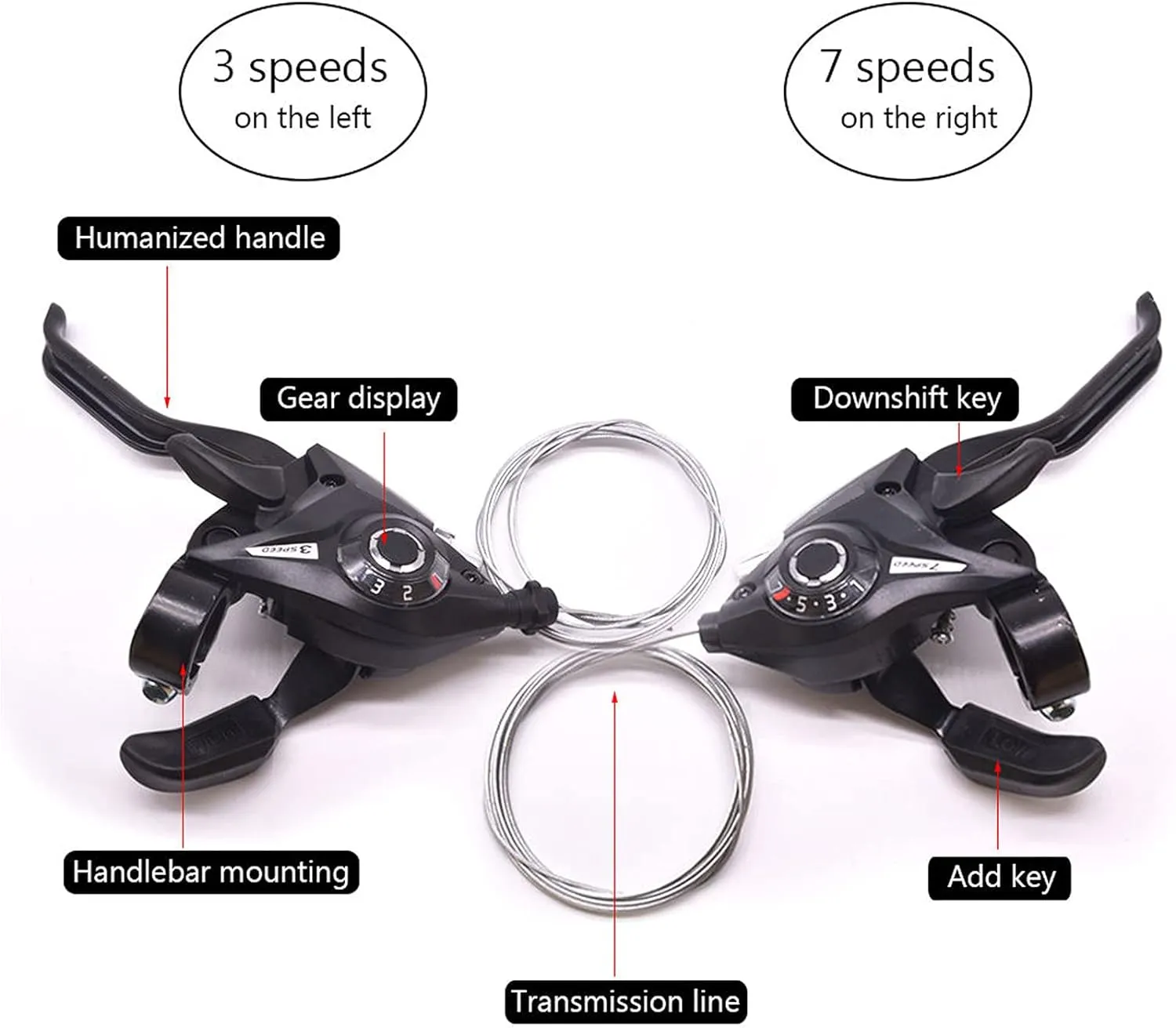 Bicycle Shifter 21 Speed Bicycle Brake Levers Shifter Lever 3 x 7 Speed with Gear Indicator and V Brake Cable Left Right Brake Lever Shifter Set for Moutain Bike, Road Bike