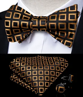 Black Golden Plaid Silk Self-Bowtie Pocket Square Cufflinks Set