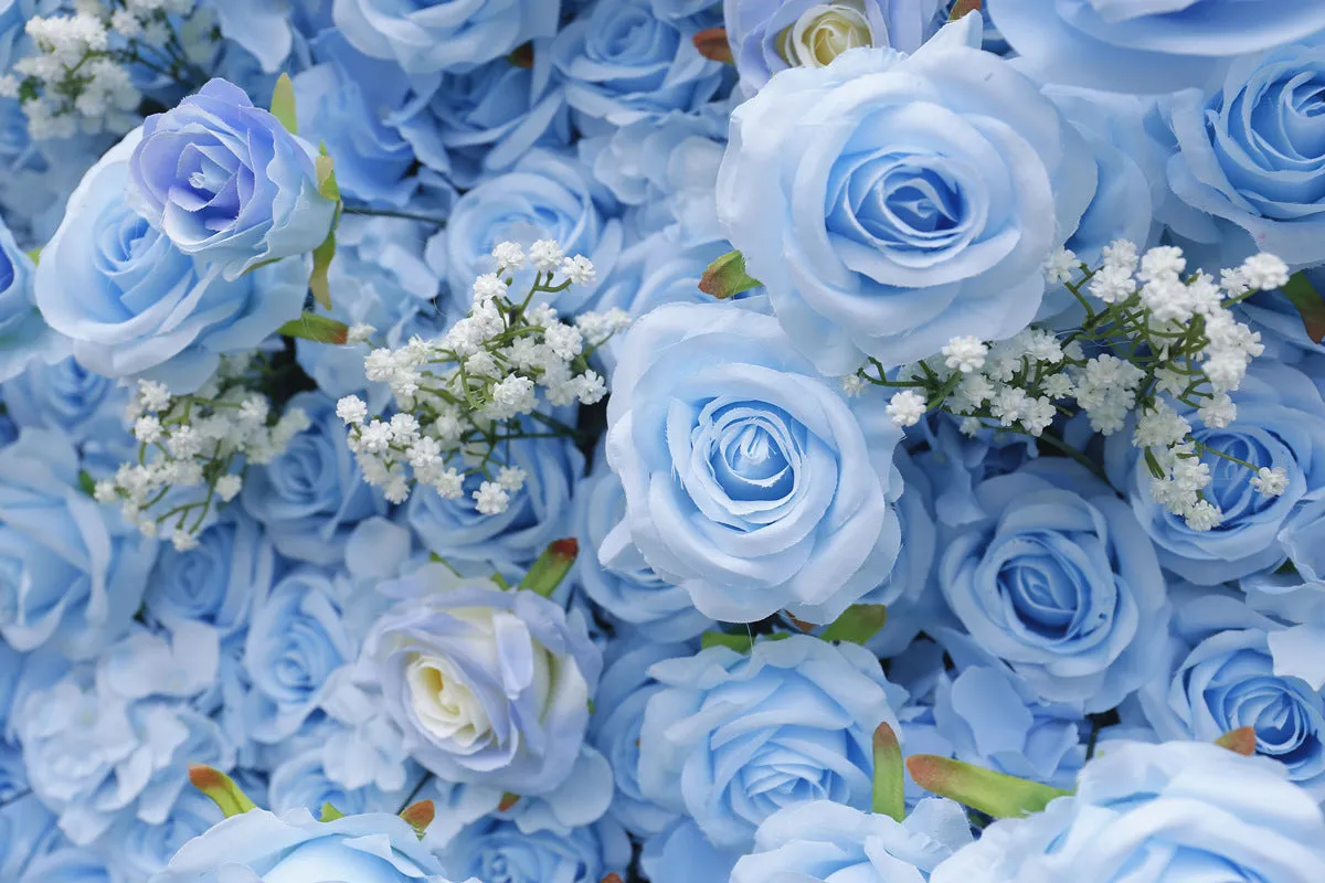 Bulk 3D Flower Wall Blue Rose with Babys Breath Artificial Flower Wall Mat Backdrop Attached to Fabric Wholesale