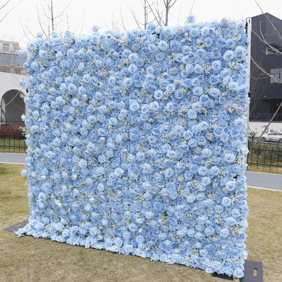 Bulk 3D Flower Wall Blue Rose with Babys Breath Artificial Flower Wall Mat Backdrop Attached to Fabric Wholesale