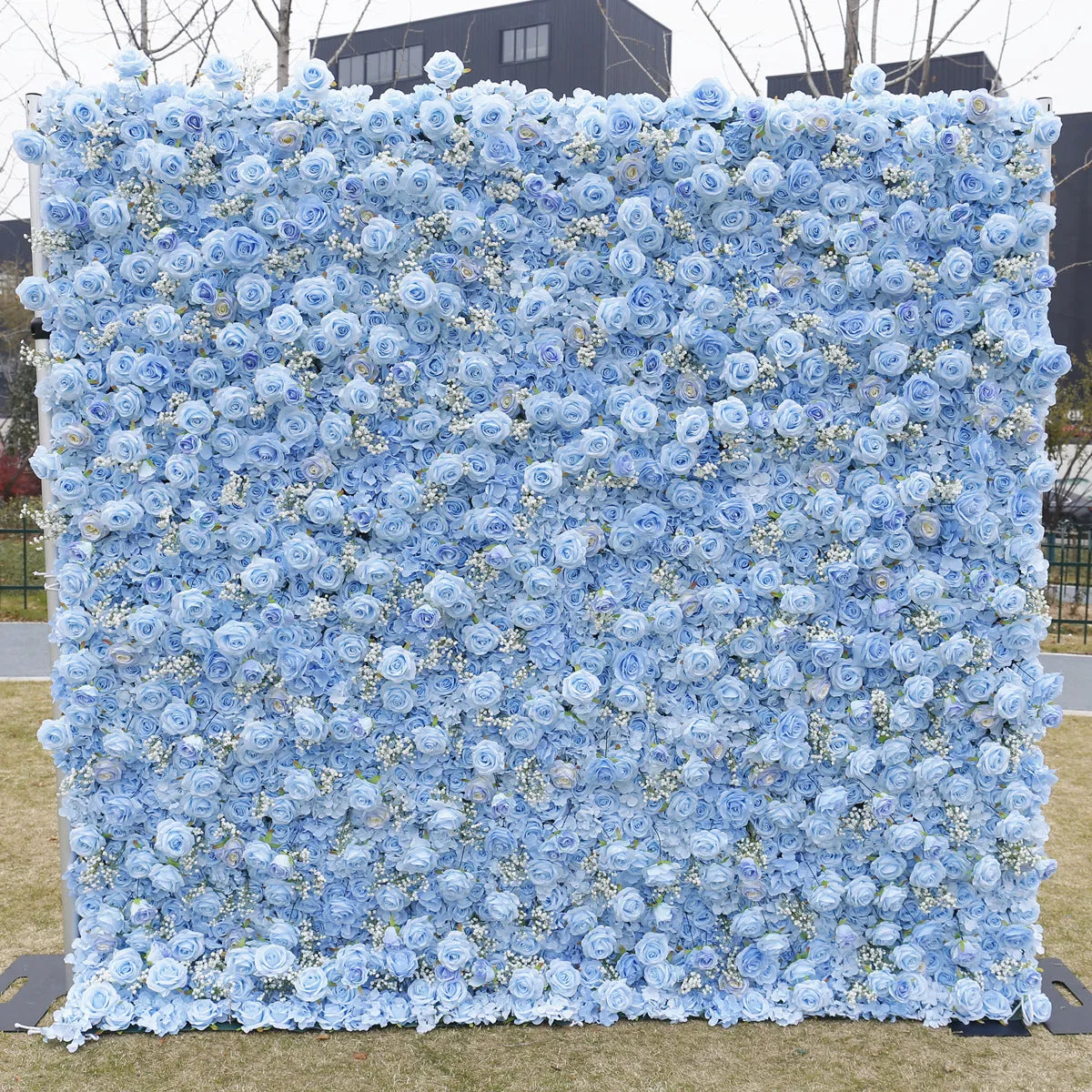 Bulk 3D Flower Wall Blue Rose with Babys Breath Artificial Flower Wall Mat Backdrop Attached to Fabric Wholesale