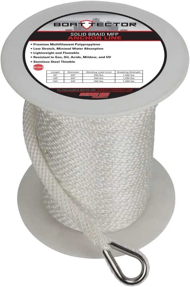Extreme Max 3006.2288 BoatTector Solid Braid MFP Anchor Line with Thimble - 3/8" x 150', White