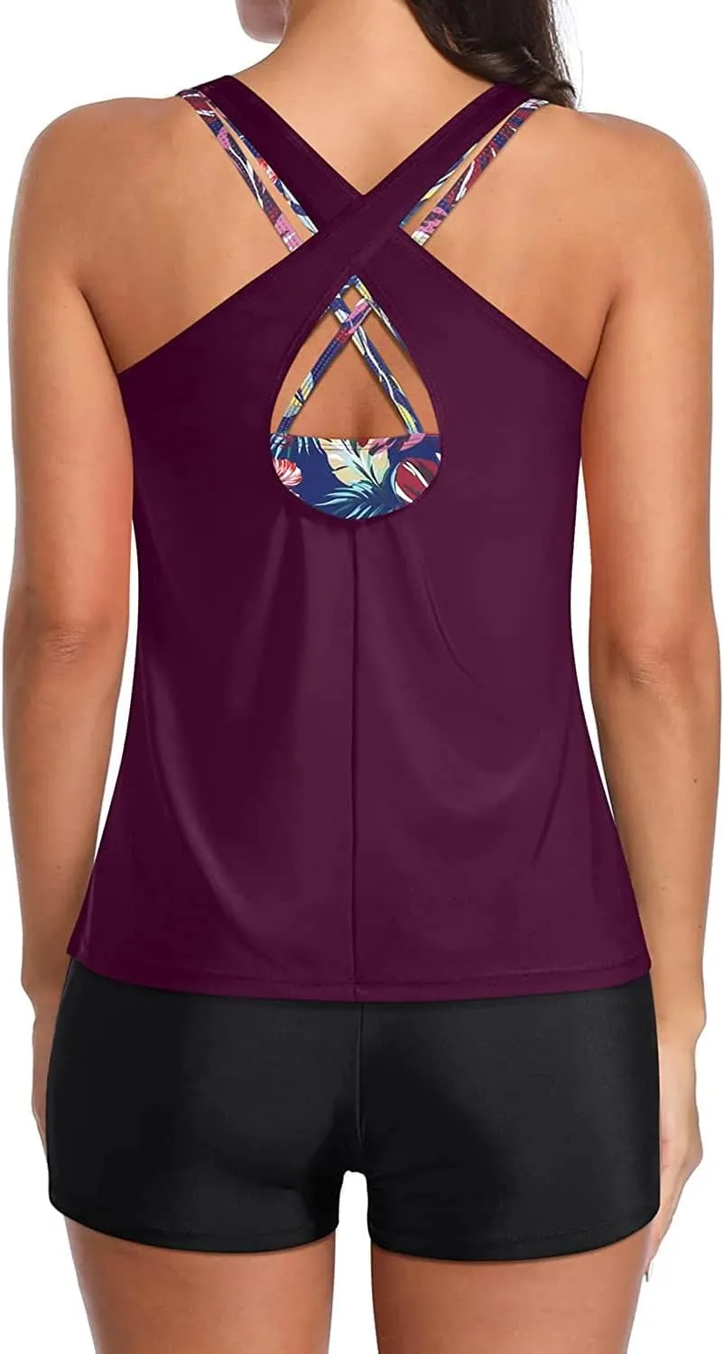 Holipick 3 Piece Tankini Swimsuits for Women Tummy Control Bathing Suits Swim Tank Top with Bra Boy Shorts Teen Swimwear