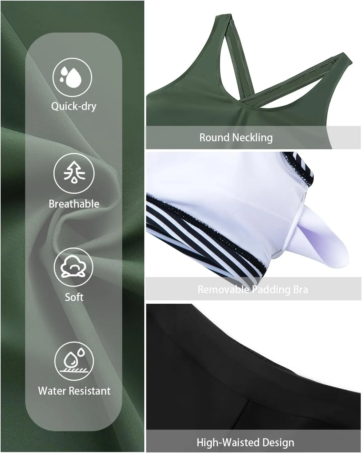 Holipick 3 Piece Tankini Swimsuits for Women Tummy Control Bathing Suits Swim Tank Top with Bra Boy Shorts Teen Swimwear