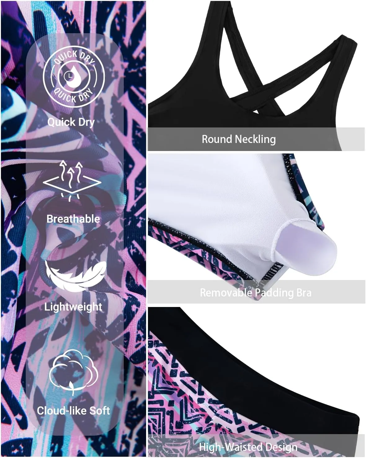 Holipick 3 Piece Tankini Swimsuits for Women Tummy Control Bathing Suits Swim Tank Top with Bra Boy Shorts Teen Swimwear