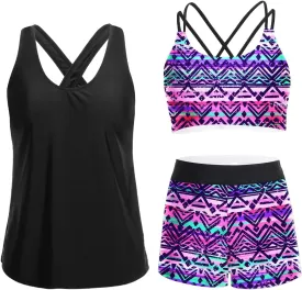 Holipick 3 Piece Tankini Swimsuits for Women Tummy Control Bathing Suits Swim Tank Top with Bra Boy Shorts Teen Swimwear
