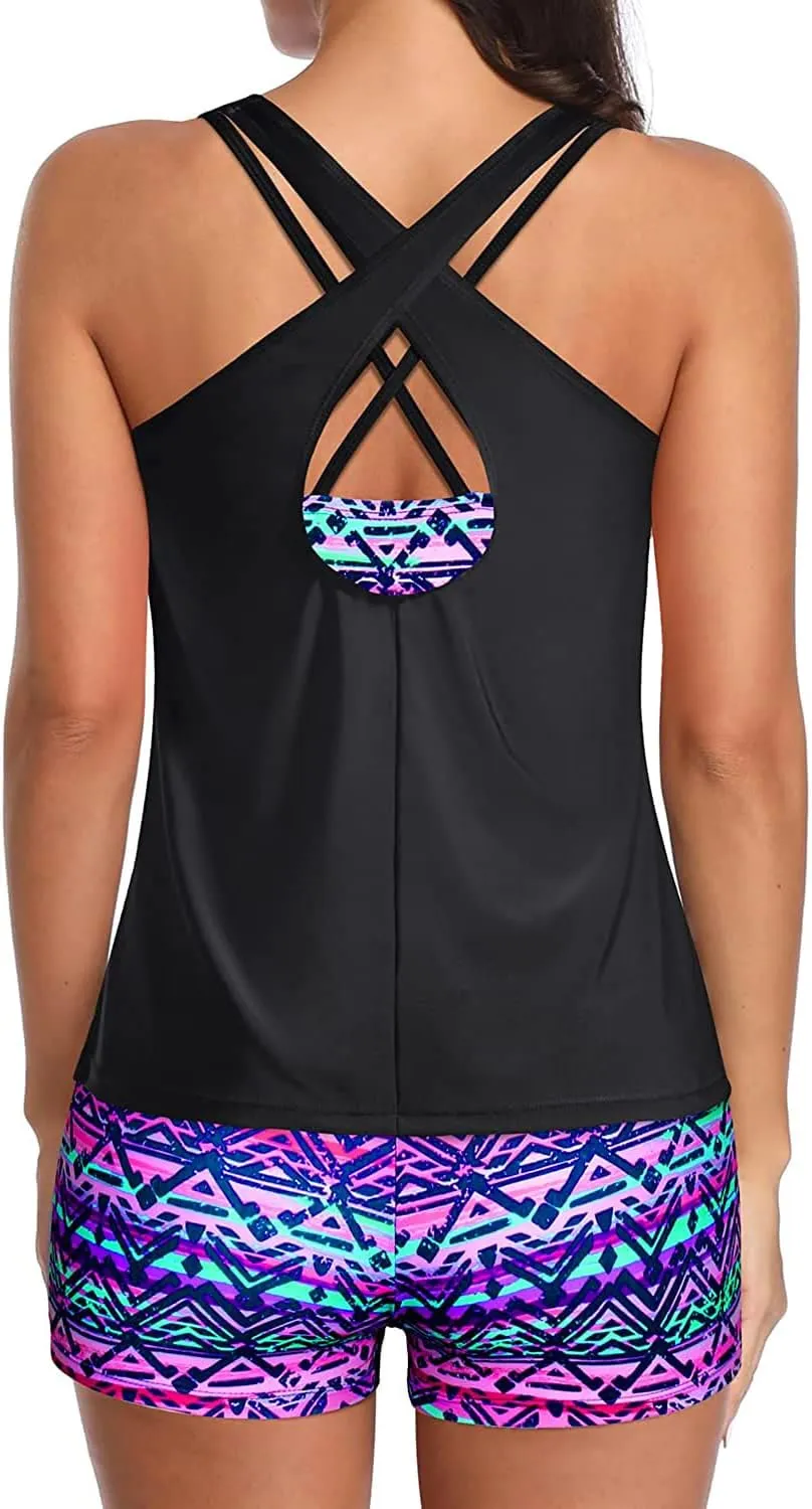 Holipick 3 Piece Tankini Swimsuits for Women Tummy Control Bathing Suits Swim Tank Top with Bra Boy Shorts Teen Swimwear