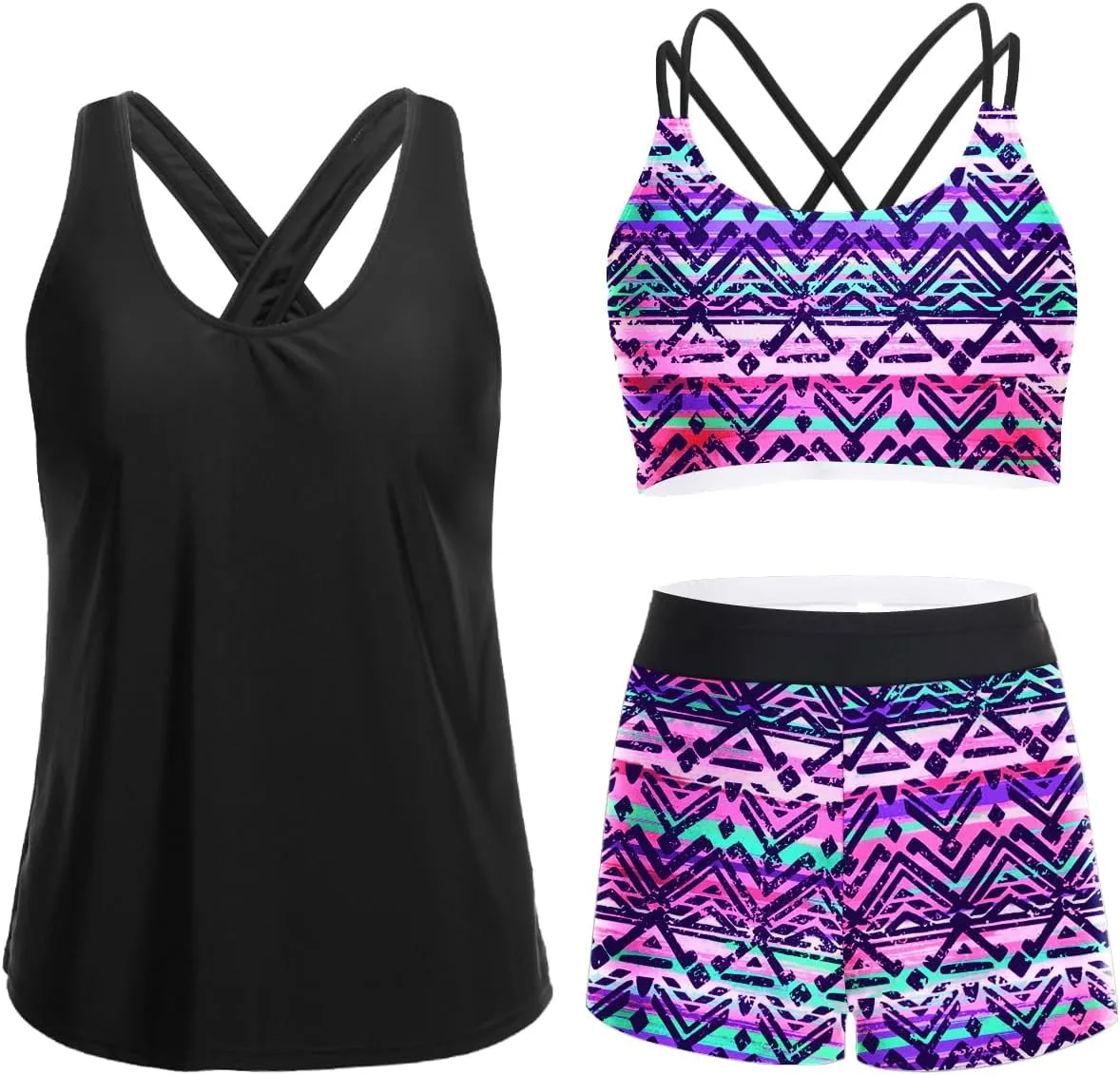 Holipick 3 Piece Tankini Swimsuits for Women Tummy Control Bathing Suits Swim Tank Top with Bra Boy Shorts Teen Swimwear