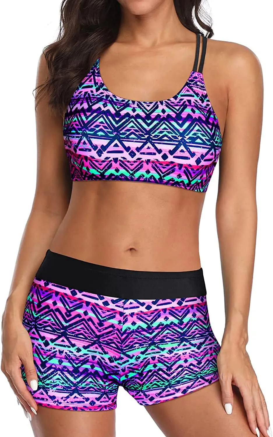 Holipick 3 Piece Tankini Swimsuits for Women Tummy Control Bathing Suits Swim Tank Top with Bra Boy Shorts Teen Swimwear