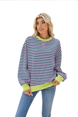 Lopie Women Sweatshirt Striped Long Sleeve Crew Neck Casual Loose Lightweight Comfy Pullover Shirt Tops