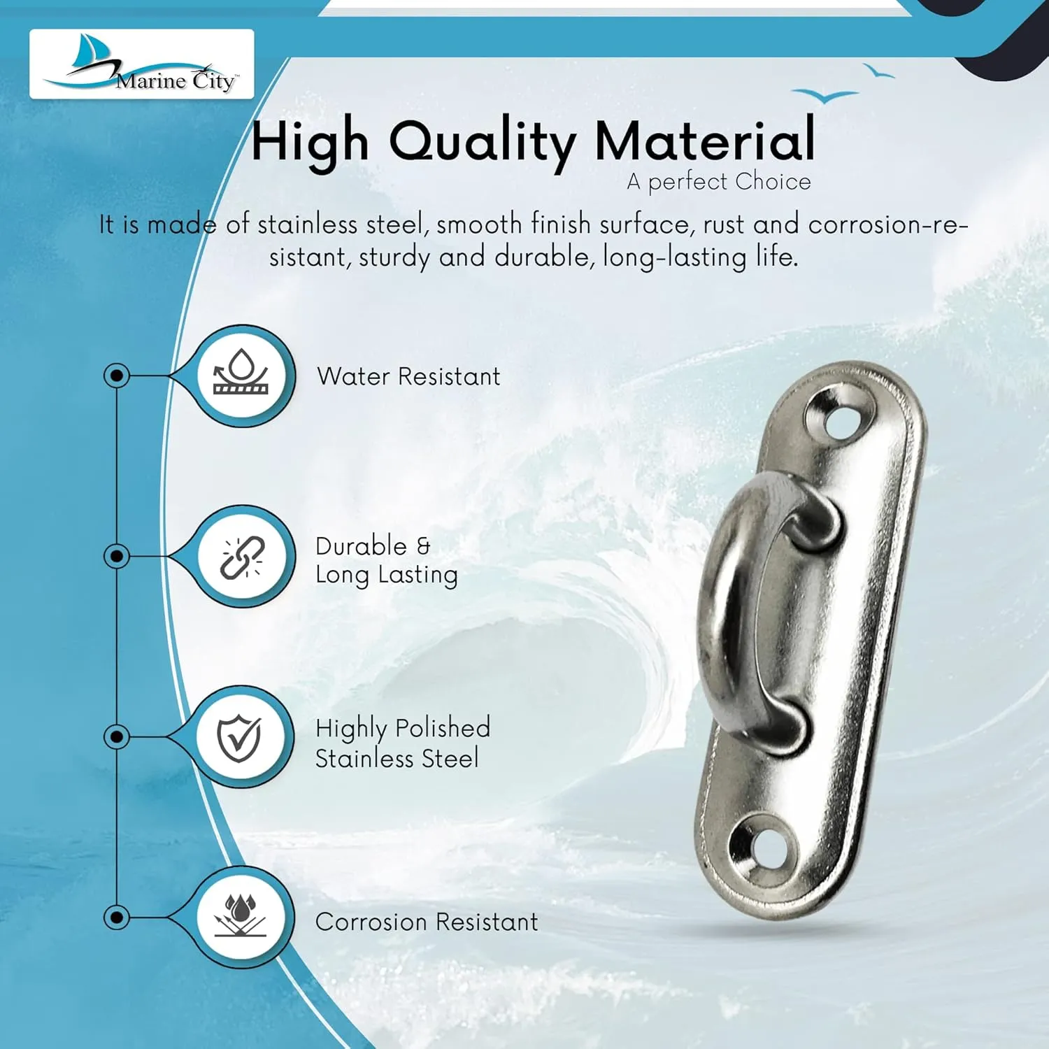 MARINE CITY Oblong Pad Eye Plate, Heavy-Duty 304 Stainless Steel, 3500 lbs Capacity, Corrosion-Resistant, Easy Installation, for Sailboats, Kayaks, Yachts, and Marine Accessories