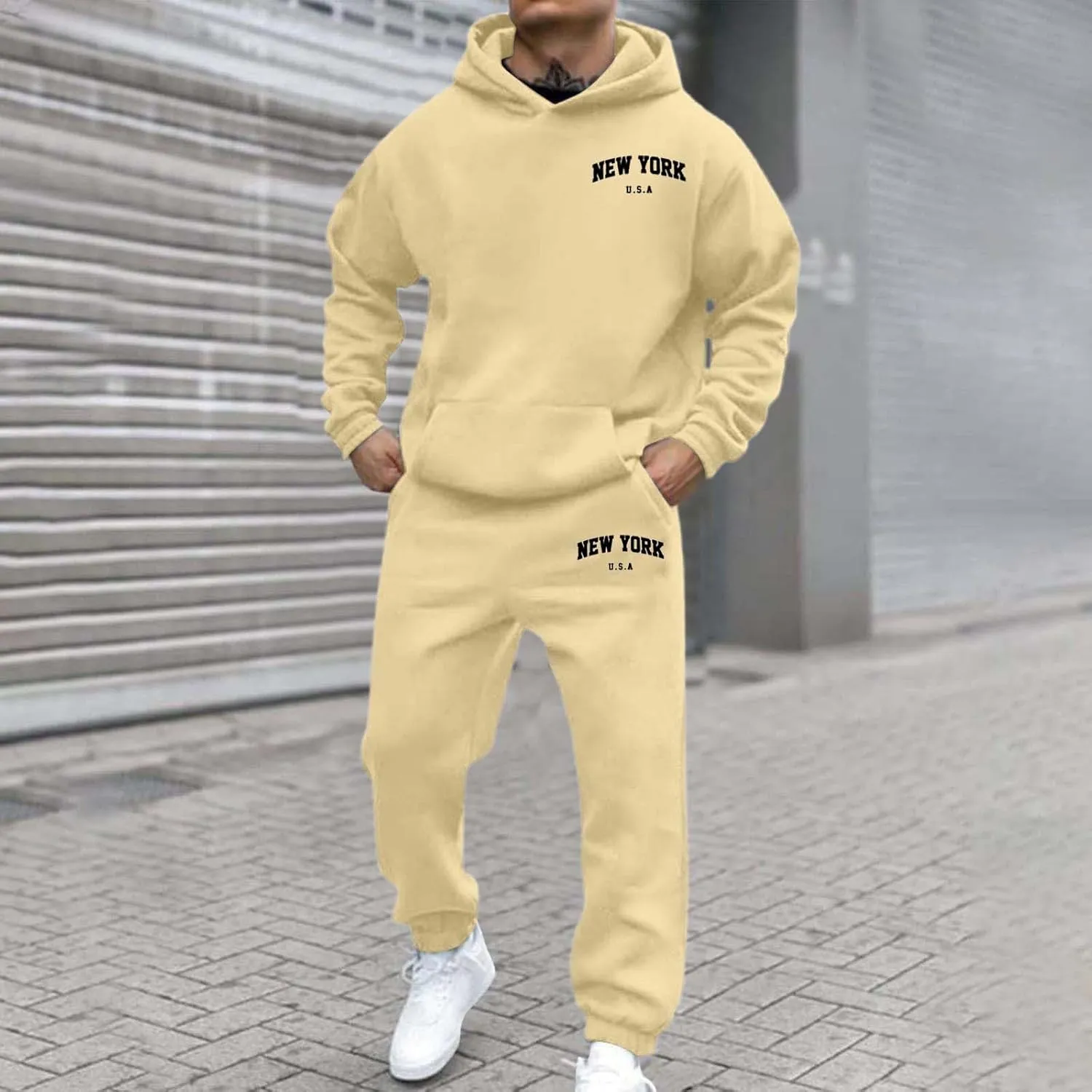 Men's Hooded Tracksuit 2 Piece Set Casual New York Letter Print Athletic Outfit with Jogger Pants Sweatsuits Sets