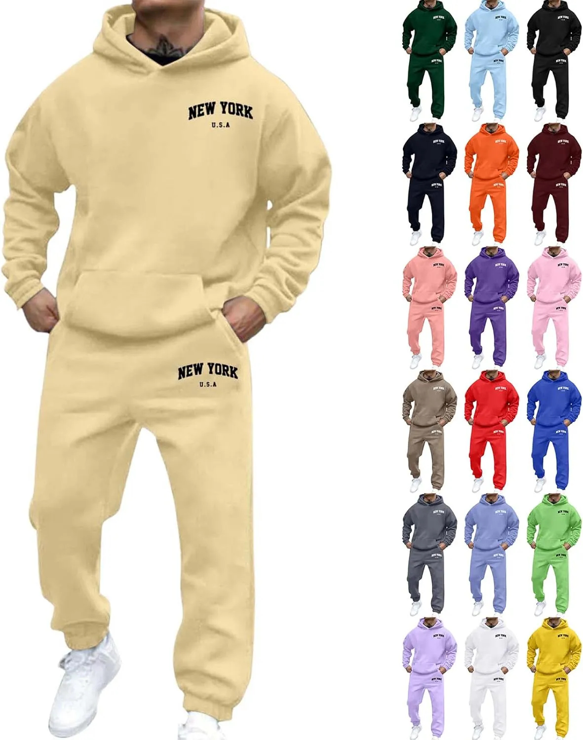 Men's Hooded Tracksuit 2 Piece Set Casual New York Letter Print Athletic Outfit with Jogger Pants Sweatsuits Sets