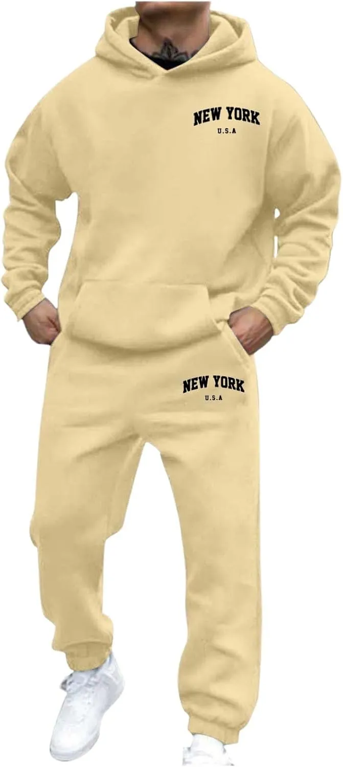 Men's Hooded Tracksuit 2 Piece Set Casual New York Letter Print Athletic Outfit with Jogger Pants Sweatsuits Sets