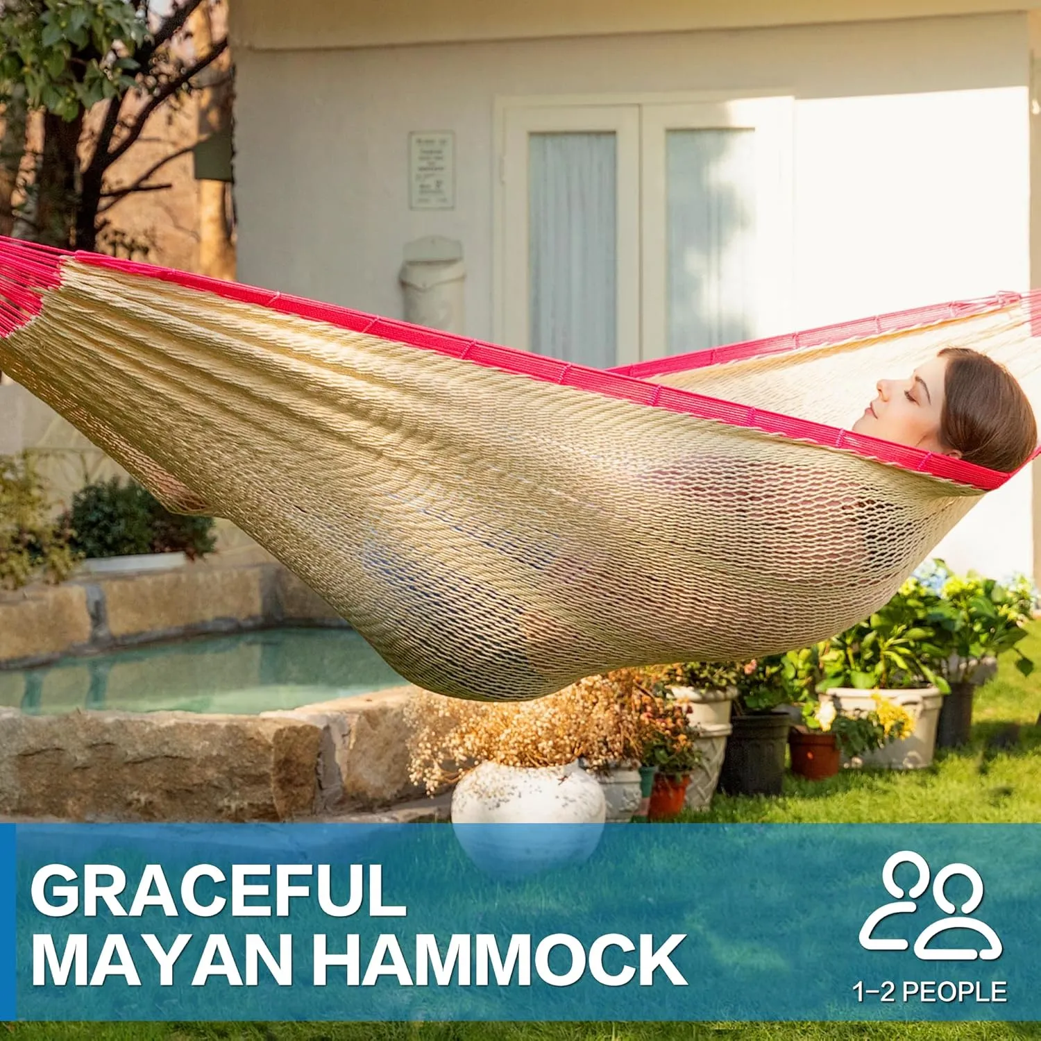 PNAEUT Mayan Hammock, Handwoven XL Thick Soft Rope Hammocks for Outdoor Indoor, Max 600 lbs Capacity, Tree Straps & Carabiners Included (Rambler Rose)