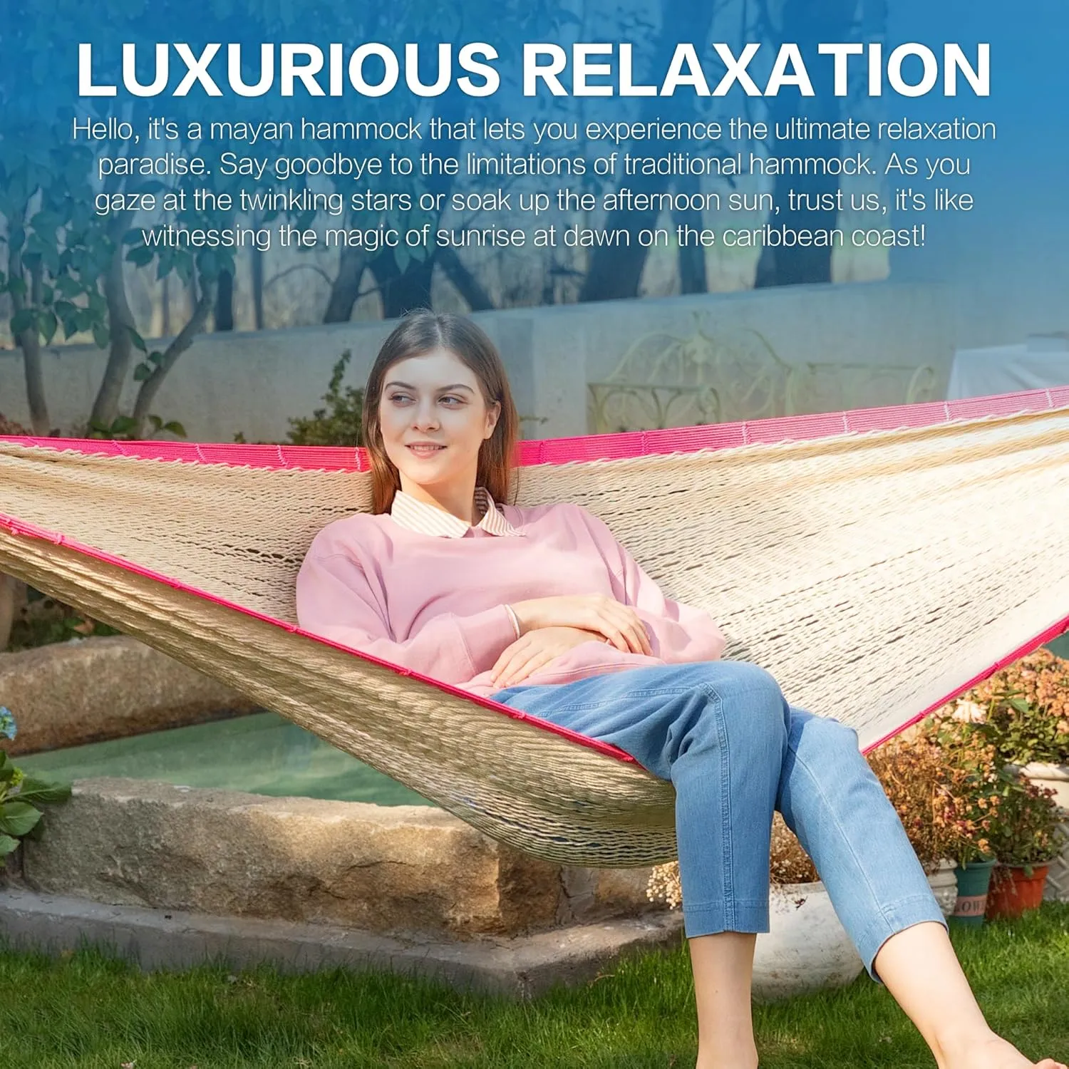 PNAEUT Mayan Hammock, Handwoven XL Thick Soft Rope Hammocks for Outdoor Indoor, Max 600 lbs Capacity, Tree Straps & Carabiners Included (Rambler Rose)