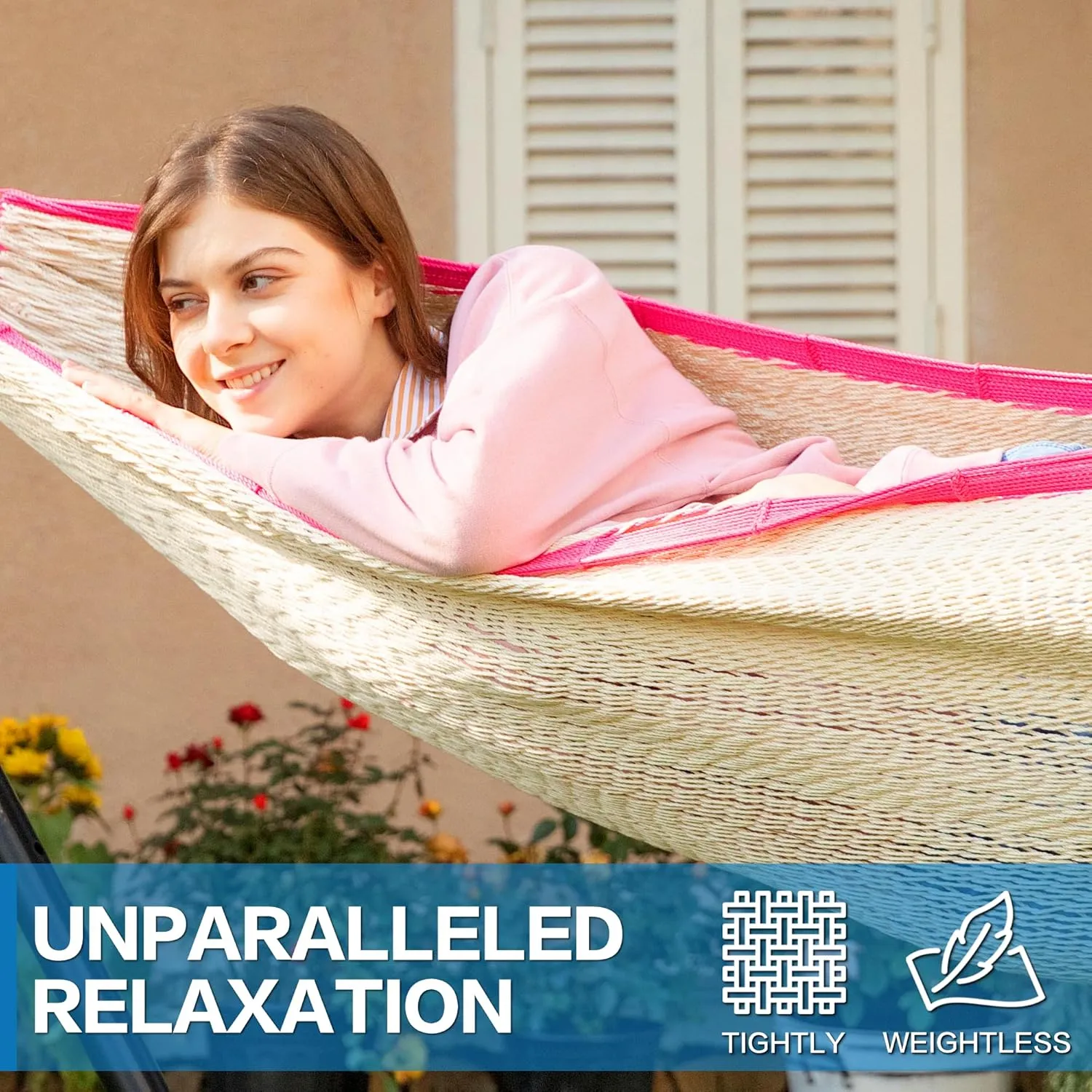PNAEUT Mayan Hammock, Handwoven XL Thick Soft Rope Hammocks for Outdoor Indoor, Max 600 lbs Capacity, Tree Straps & Carabiners Included (Rambler Rose)