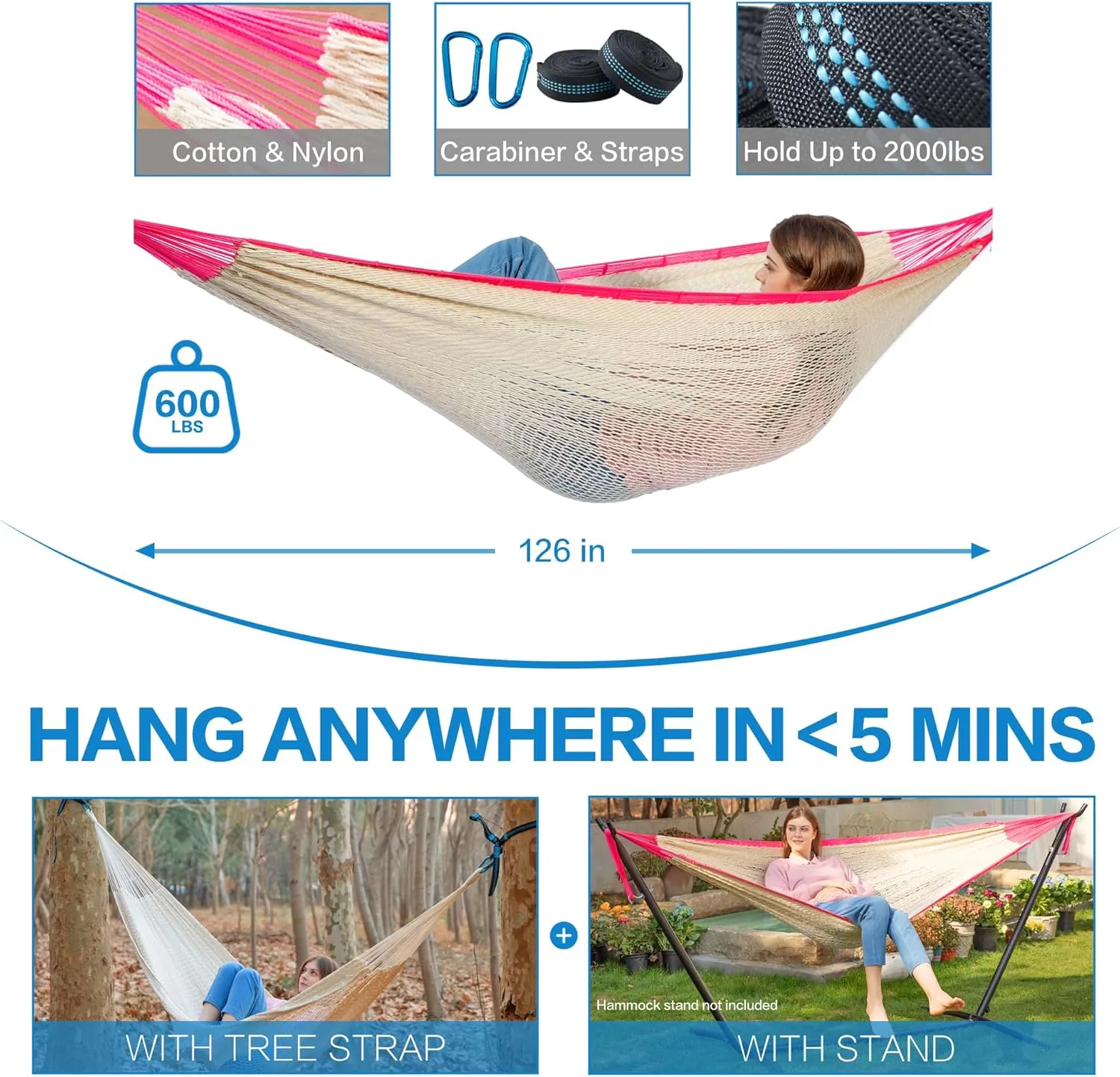 PNAEUT Mayan Hammock, Handwoven XL Thick Soft Rope Hammocks for Outdoor Indoor, Max 600 lbs Capacity, Tree Straps & Carabiners Included (Rambler Rose)