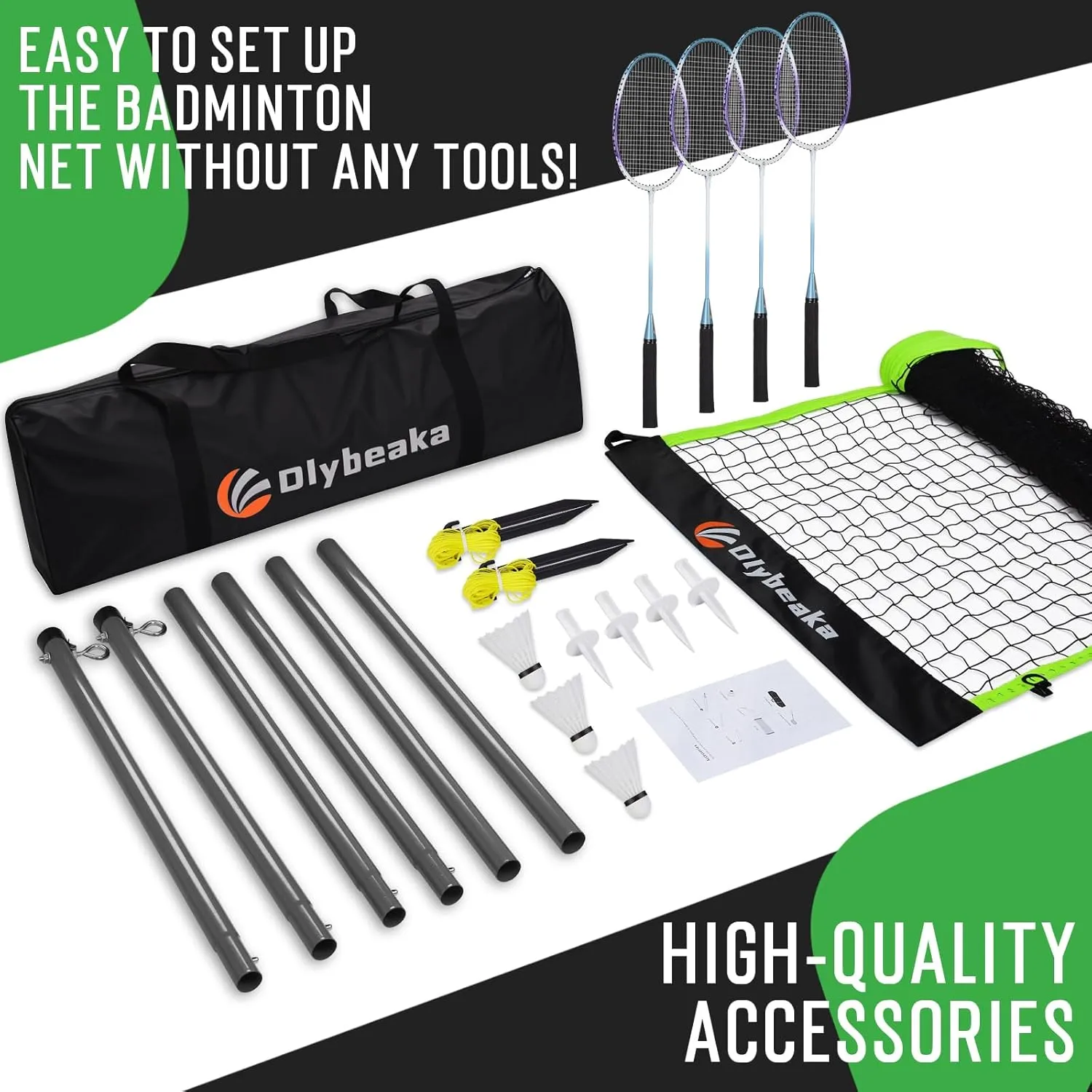 Portable Badminton Net with 4 Badminton Rackets, Durable Badminton Net Set for Driveway Backyard, Stable Game Net System with Carring Bag