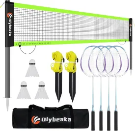 Portable Badminton Net with 4 Badminton Rackets, Durable Badminton Net Set for Driveway Backyard, Stable Game Net System with Carring Bag