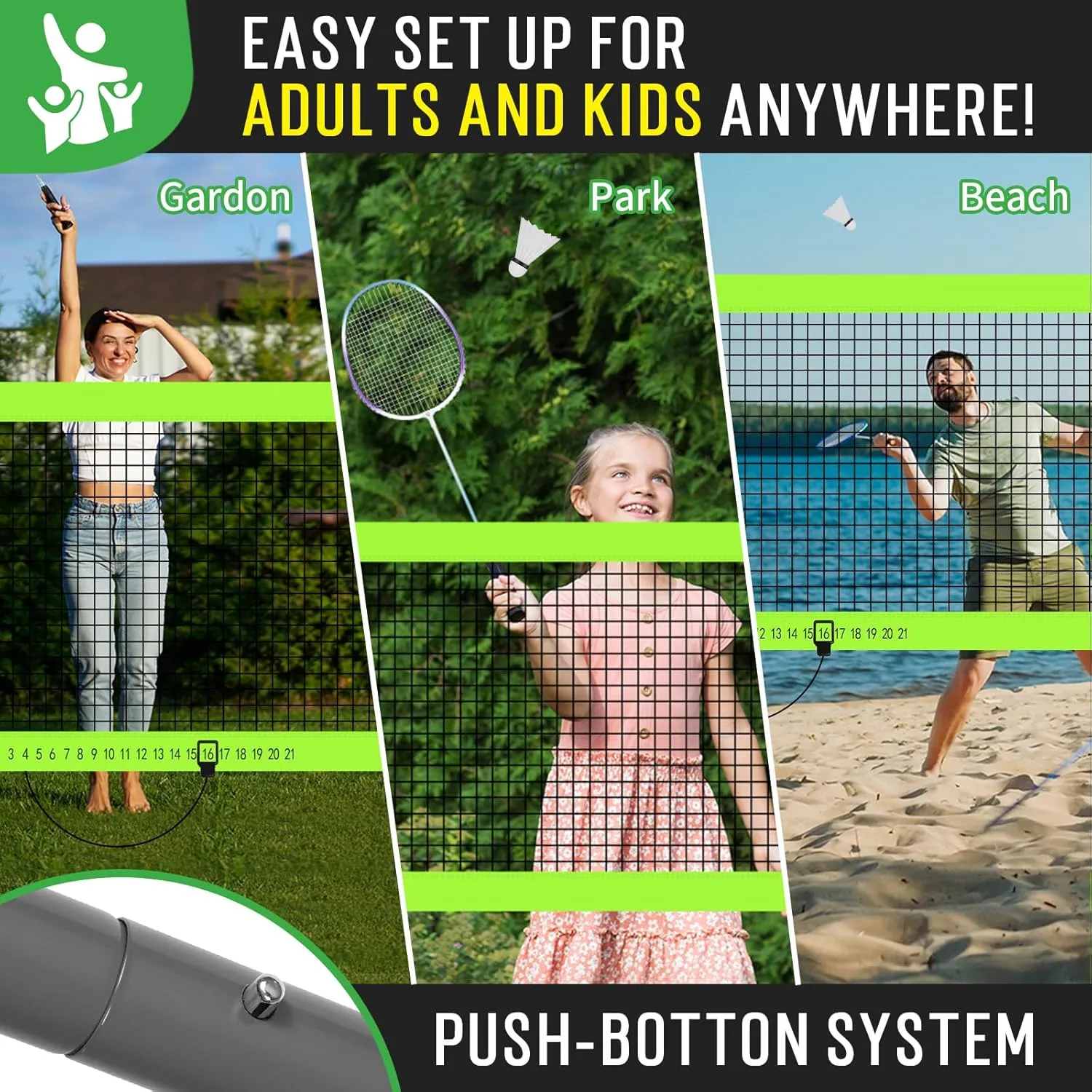 Portable Badminton Net with 4 Badminton Rackets, Durable Badminton Net Set for Driveway Backyard, Stable Game Net System with Carring Bag