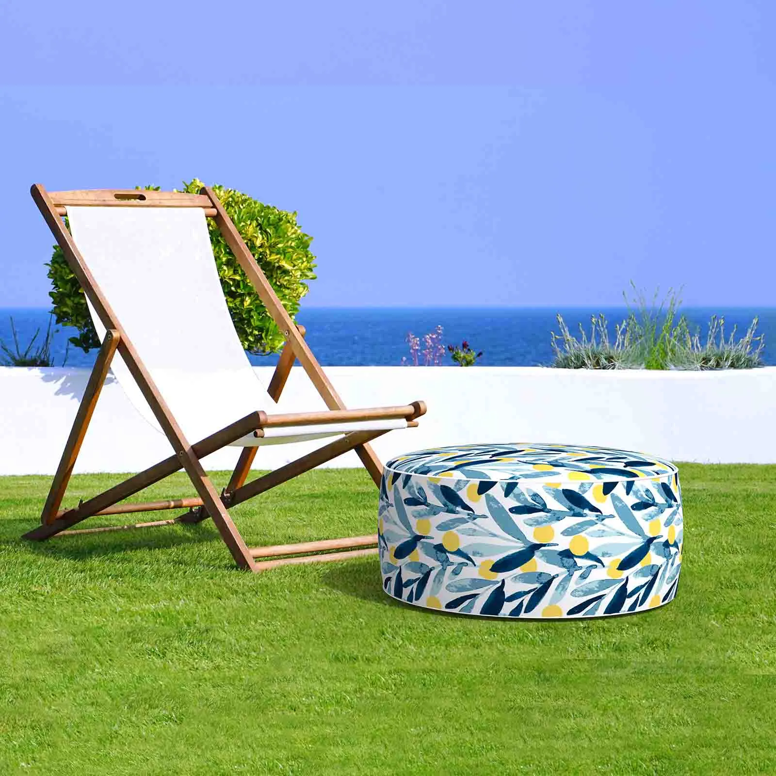 Round Inflatable Ottoman Blue Leaves LVTXIII Outdoor