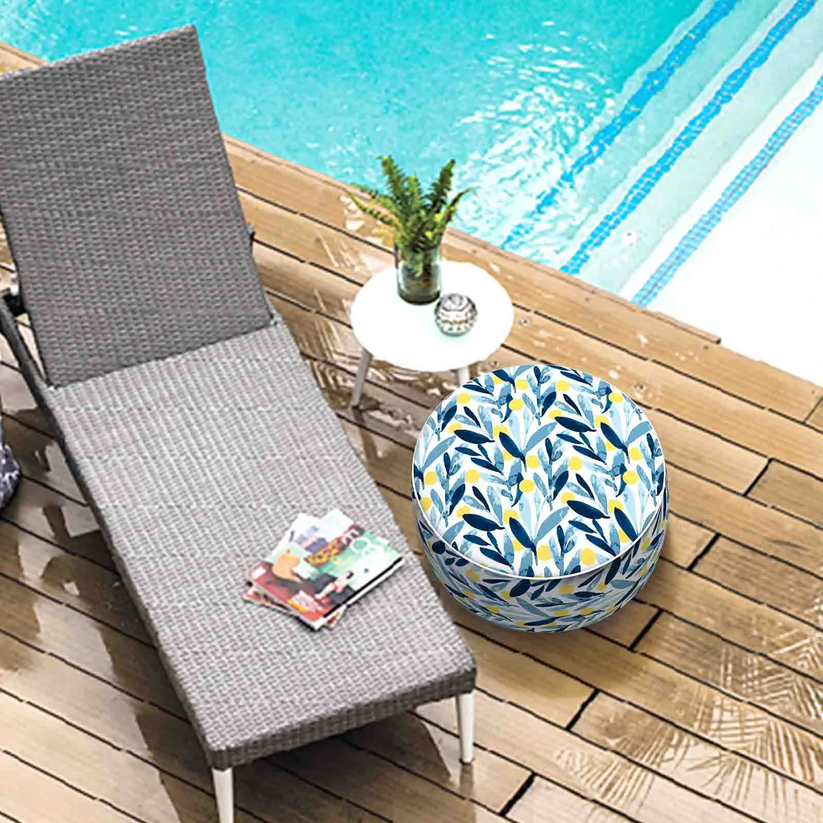 Round Inflatable Ottoman Blue Leaves LVTXIII Outdoor