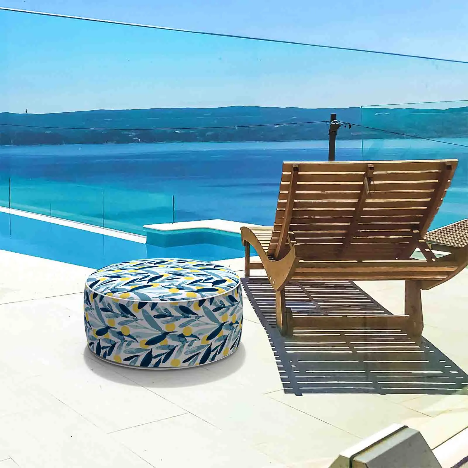 Round Inflatable Ottoman Blue Leaves LVTXIII Outdoor