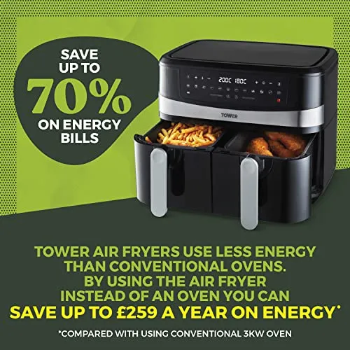 Tower T17088 Vortx 9L Duo Basket Air Fryer with Smart Finish, 2600W Power, Black