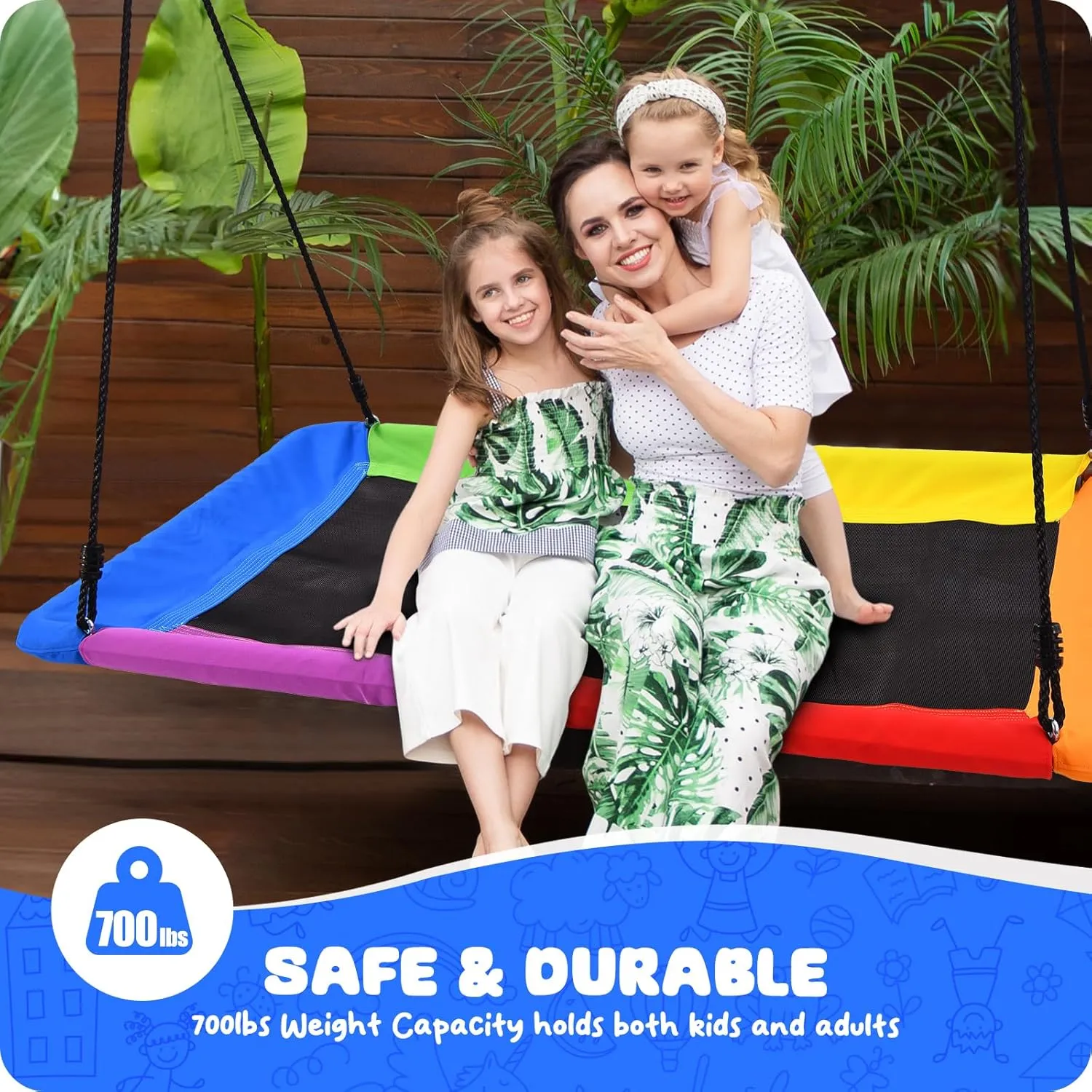 Trekassy 700lb Rectangle 60" Platform Tree Swing for Kids and Adults Waterproof 2 Hanging Straps (Rainbow)