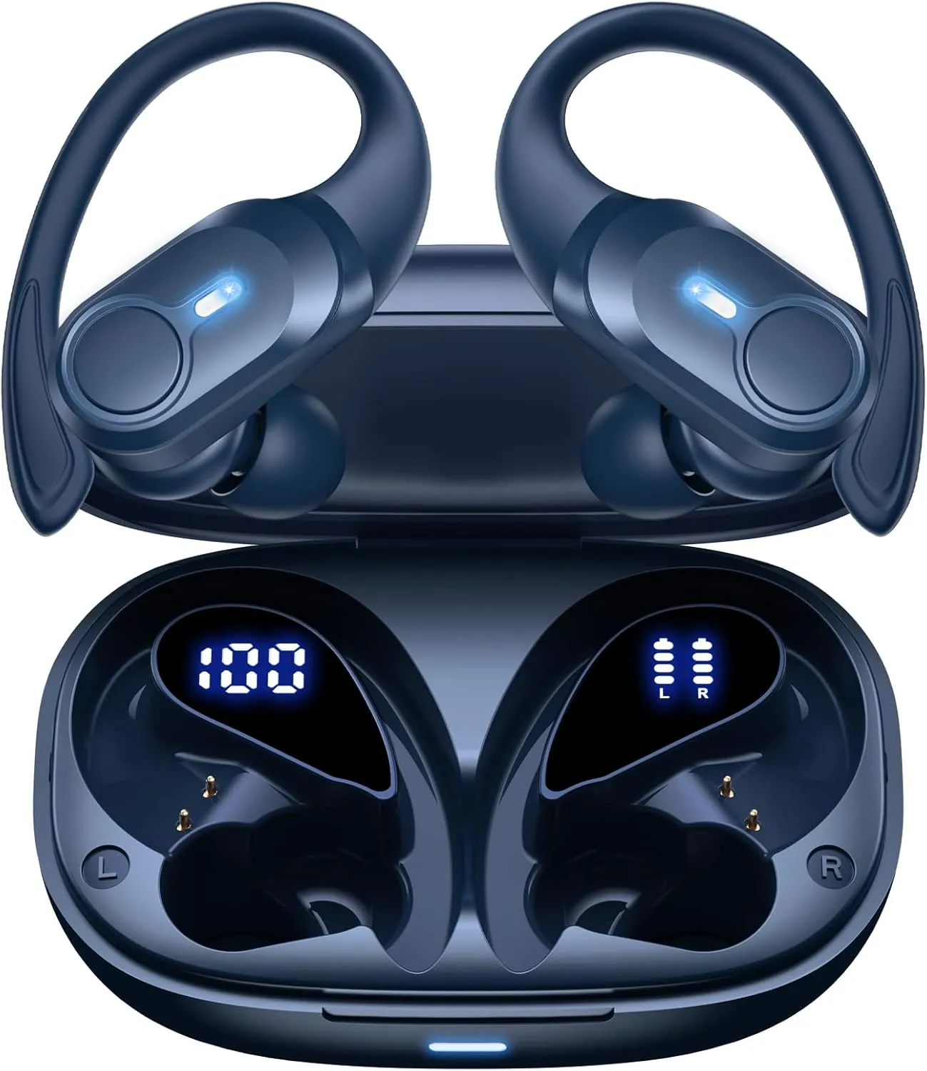 Wireless Earbuds Bluetooth Headphones Ear Buds 70H Playback Digital Display Wireless Charging Case Deep Bass Earphones Over Ear Sport Waterproof Bluetooth Headset for Workout Running Blue