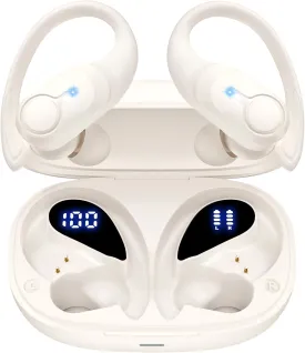 Wireless Earbuds Bluetooth Headphones Ear Buds 70H Playback Digital Display Wireless Charging Case Deep Bass Earphones Over Ear Sport Waterproof Bluetooth Headset for Workout Running White