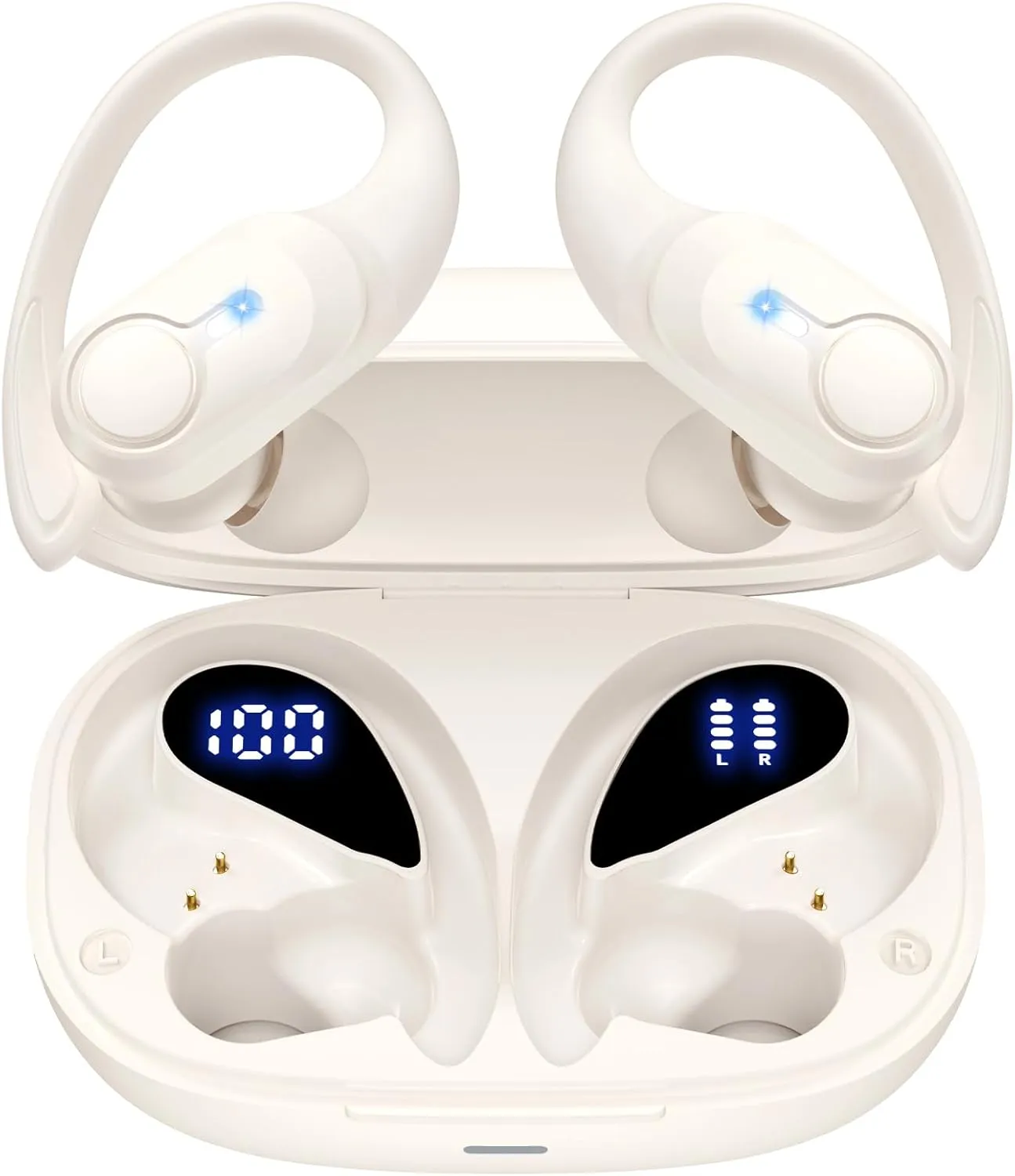 Wireless Earbuds Bluetooth Headphones Ear Buds 70H Playback Digital Display Wireless Charging Case Deep Bass Earphones Over Ear Sport Waterproof Bluetooth Headset for Workout Running White