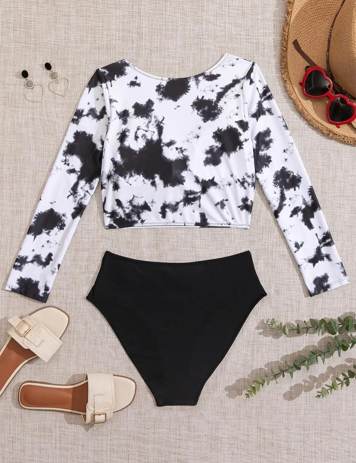 Womens Two Piece Swimsuits High Waisted Bikini Set Rash Guard Bathing Suit Long Sleeve Swimwear Crop Top Teen Girls