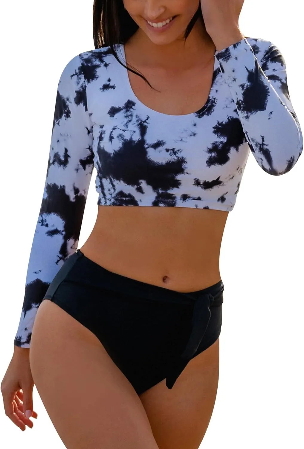 Womens Two Piece Swimsuits High Waisted Bikini Set Rash Guard Bathing Suit Long Sleeve Swimwear Crop Top Teen Girls