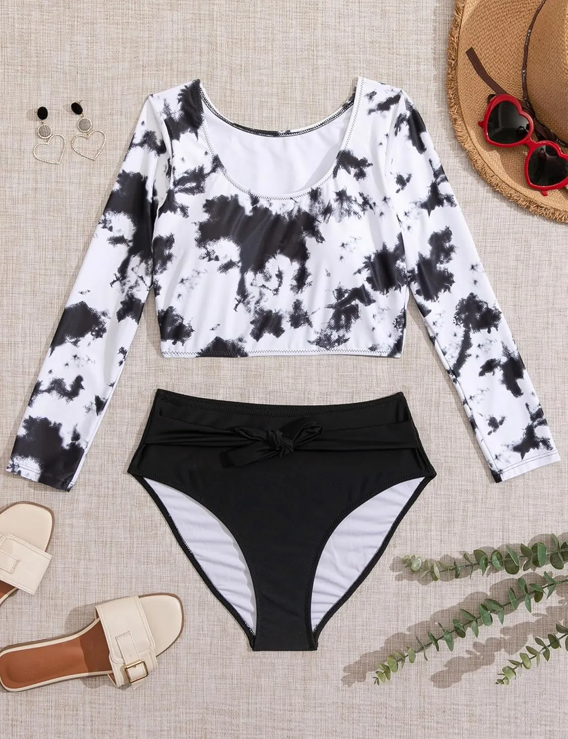 Womens Two Piece Swimsuits High Waisted Bikini Set Rash Guard Bathing Suit Long Sleeve Swimwear Crop Top Teen Girls
