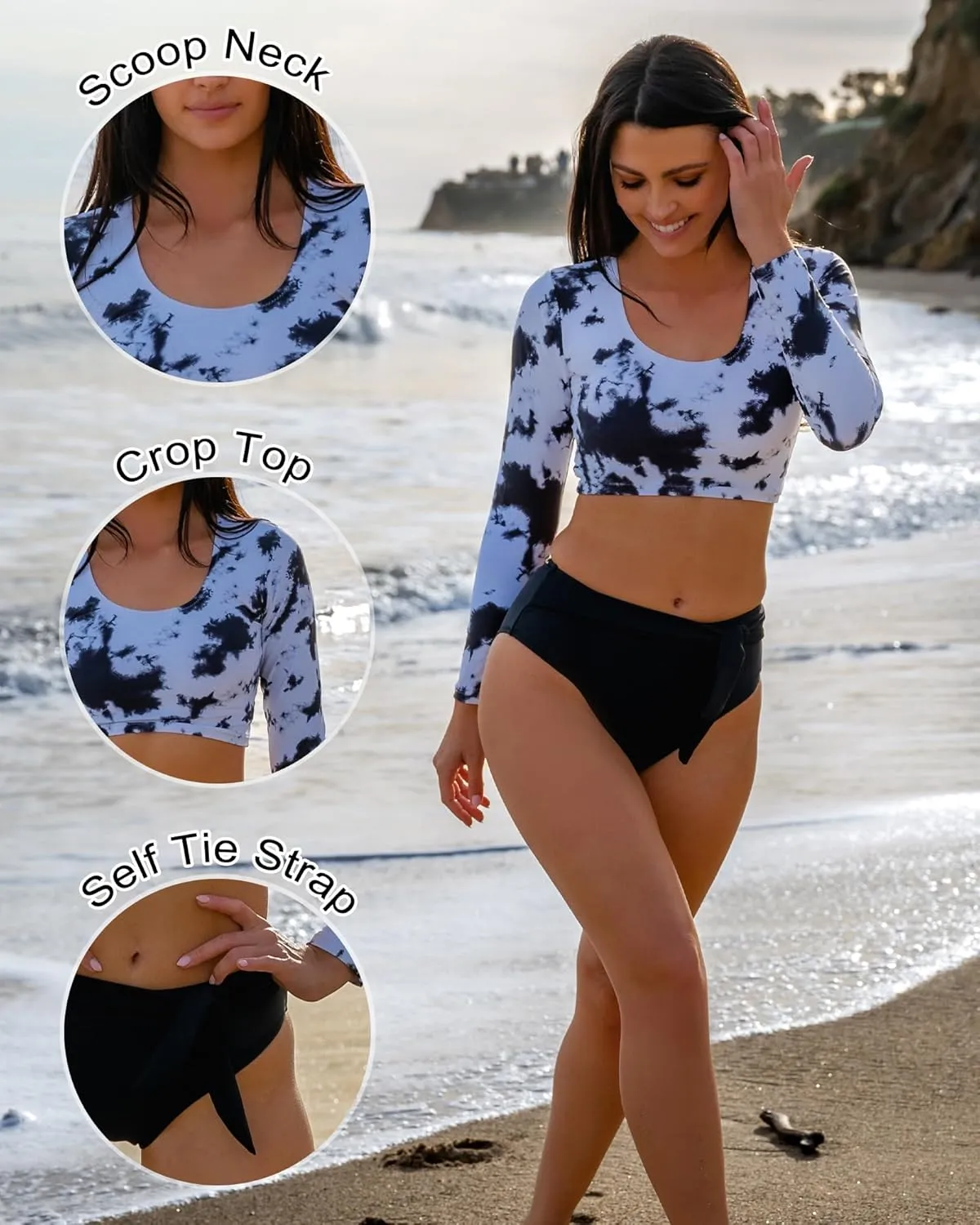 Womens Two Piece Swimsuits High Waisted Bikini Set Rash Guard Bathing Suit Long Sleeve Swimwear Crop Top Teen Girls